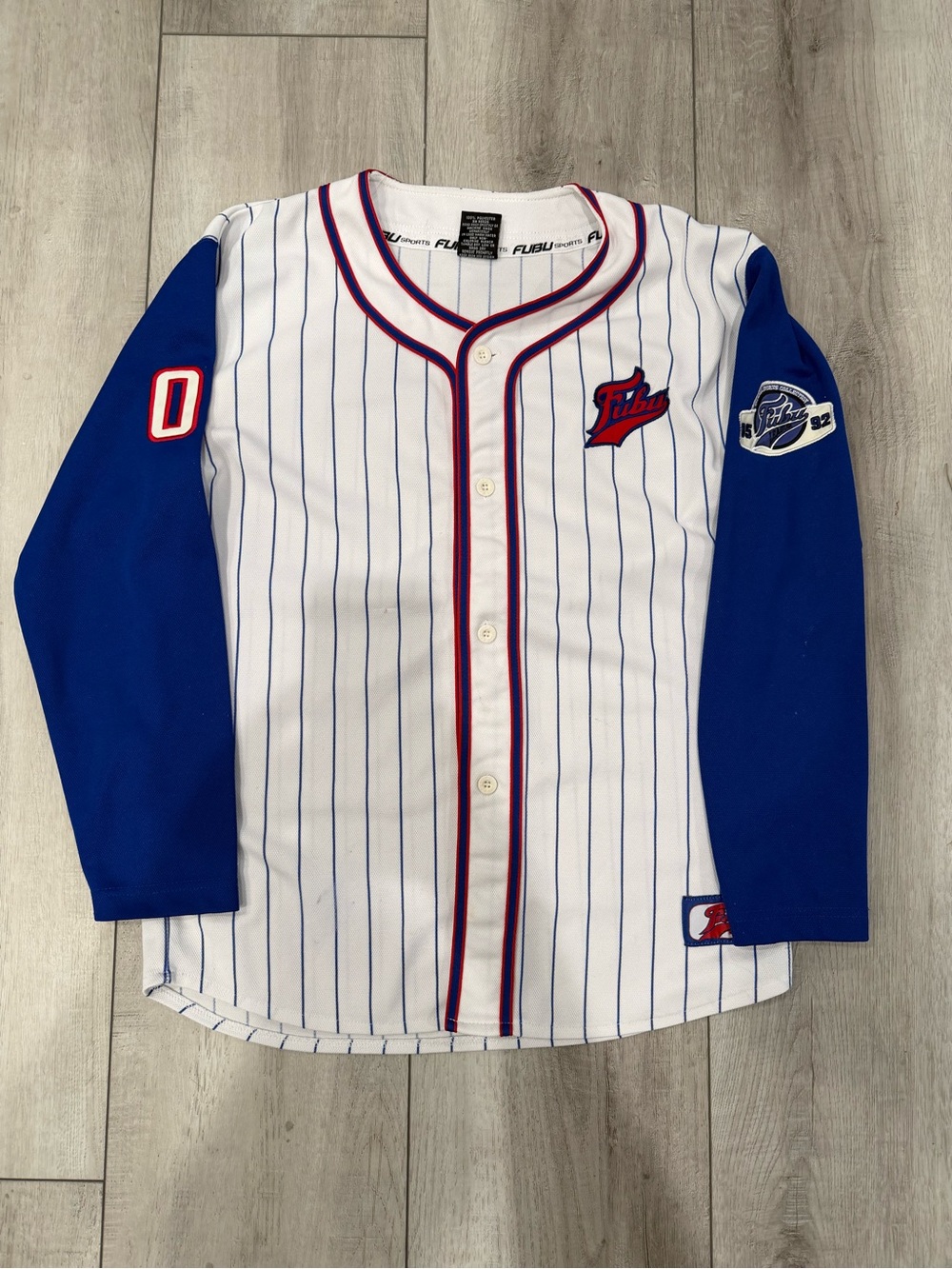 Y2K vintage FUBU White Pinstripe Baseball Shirt with Royal Blue Sleeve